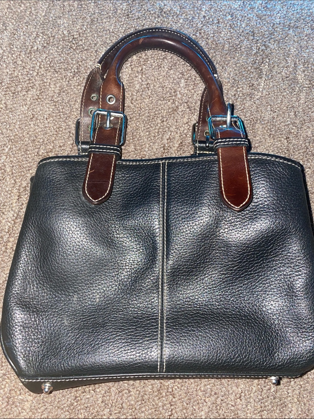 Dooney & Bourke Black Leather Satchel with Brown Strap Accents